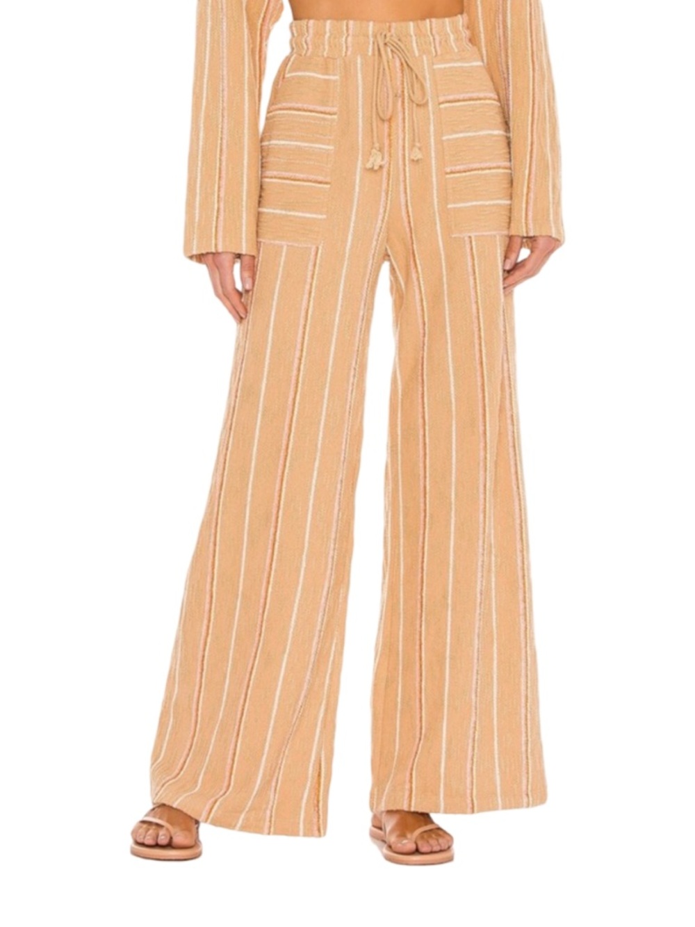 L Space Good Vibes Wide Leg Pants Tan Stripe Pull On Size M